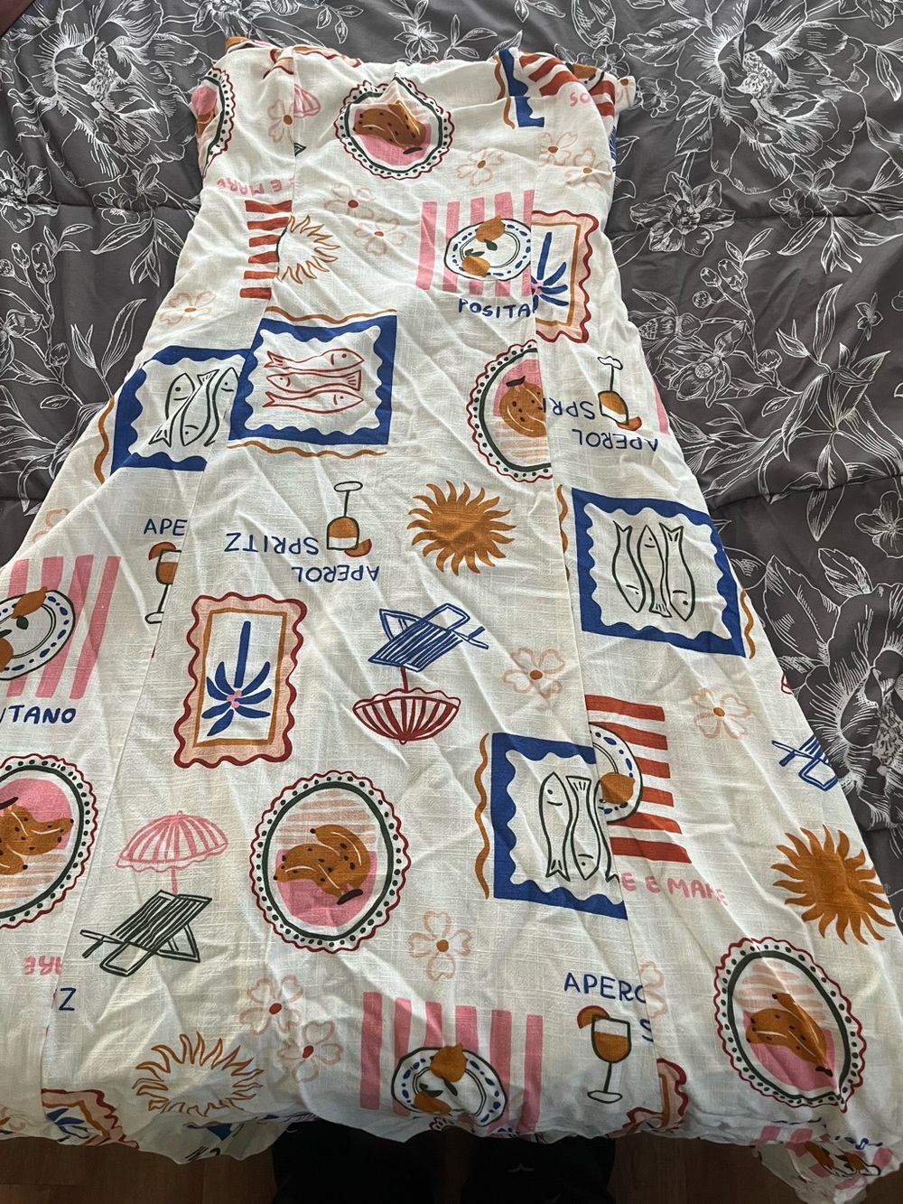 Strapless Maxi Dress in White with Multicolor Coastal Print